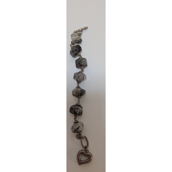 Brighton Heart Charm Bracelet 7.5in Black Tourmaline Beads Silver Tone retired - Picture 2 of 3
